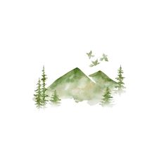 a watercolor painting of mountains and trees with birds flying over them