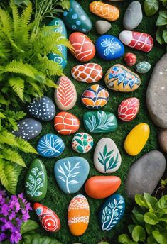 colorful painted rocks in the grass with plants and flowers around them, all on top of each other