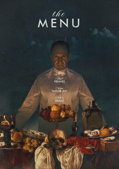 a man standing in front of a table with food on it and the words menu above him