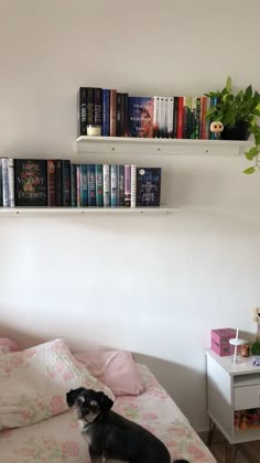 a black dog sitting on top of a bed next to a shelf filled with books