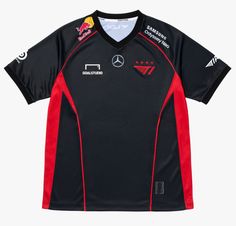 a black shirt with red trims on the chest and two different logos on it