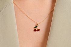 14 K Solid Gold Cherry Charm - Dainty Fruit Pendant - Enamel Necklace - Gold Cherry Pendant - Handmade Jewellry - Halloween Gift  Discover: This specially designed 14k real gold cherry necklace is handcrafted with every detail carefully considered. A perfect choice for those seeking classic and timeless elegance, this necklace will complement your everyday elegance. Each cherry detail symbolizes the vitality and freshness of nature and is designed to celebrate the sweet moments of life. This nec Handmade Dainty Enamel Jewelry, Dainty Handmade Enamel Jewelry, Cherry Pendant, Cherry Charm, Cherry Necklace, Custom Charm Necklaces, Diamond Evil Eye, Talisman Necklace, Sweet Moments