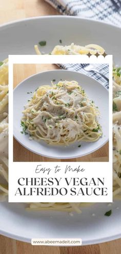 A serving plate filled with pasta noodles topped with a cheesy vegan Alfredo sauce recipe that has no nuts or cashews.