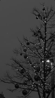 a black and white photo of a tree with christmas balls hanging from it's branches