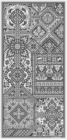 a cross stitch pattern in black and white, with an intricate design on the side