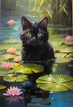 a painting of a black cat sitting in water with lily pads