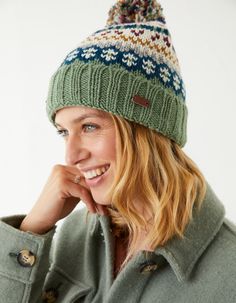 Finish your cold weather look with our cozy Fair Isle beanie. The bright chunky yarn makes a great addition to your wardrobe. Ward off the autumn blues with this lively ensemble! Fair Isle Beanie, Wooly Hats, Hat Knitting, Bobble Hats, Women's Hats, Chunky Yarn, Knit Pattern, Knitting Stitches