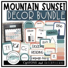 the mountain sunset decor bundle includes many different types of items, including letters and numbers