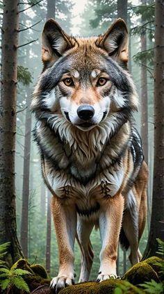 a wolf standing in the middle of a forest