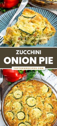 zucchini onion pie on a blue plate