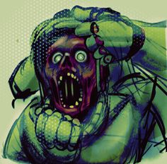 a drawing of a creepy looking creature with its mouth open and hands on his head