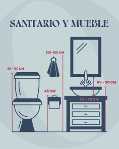 a bathroom with measurements for the toilet, sink and vanity in blue color on grey background