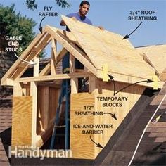 a man standing on the roof of a house with measurements and details about it's components