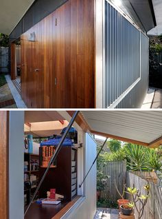 two pictures of the inside and outside of a house with wood sidings on it