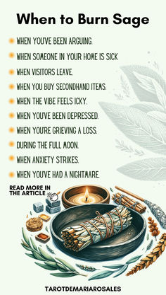 Curious about when to burn sage? Discover the best times for sage smudging to cleanse energy, amplify your smudging prayer, and connect with witch spirituality. Whether you're exploring herbal magic, your magic spell book, or energy healing spirituality, burning sage is a powerful ritual for renewal. Dive into your witch spell book and embrace this timeless practice! 🌟 Smudging For Beginners, Cleanse Energy, Burn Sage, Smudging Prayer, Wicca Recipes, Feels Heavy, Good Luck Spells, Burning Sage, Sage Smudging