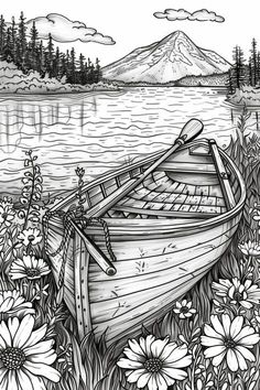 a boat sitting on top of a lake surrounded by wildflowers and mountains in the background