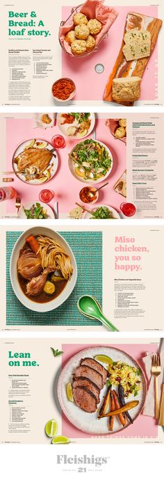 an advertisement with different types of food on the front and back of each one, including meat