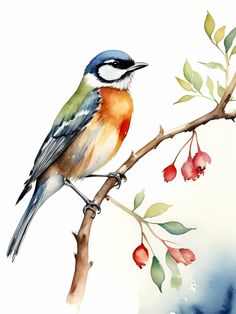 a bird sitting on top of a tree branch next to red and green flowers in watercolor