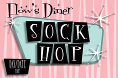 the words sock hop are in black and white on a pink background with snowflakes