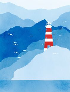 a red and white lighthouse sitting on top of a snow covered mountain