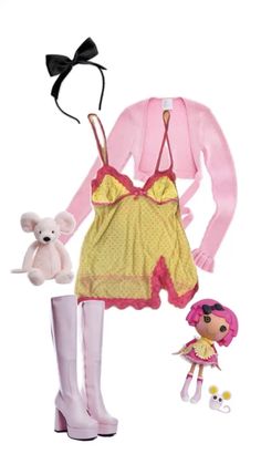 the doll is wearing a yellow dress and pink boots with her teddy bear next to it