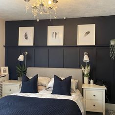 Bedroom Navy Panelling, Navy Half Wall Panelling, Navy Bedroom Panelling Wall, Bedroom Panelling Ideas Accent Wall, Bedroom Panelling Dark, Navy Bedroom Feature Wall, Navy Wood Panelling Bedroom, Bedroom Blue Panelling, Modern But Homey Bedroom