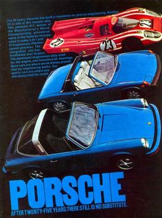 an advertisement for porsche cars with three different colors on the front and one red, one blue