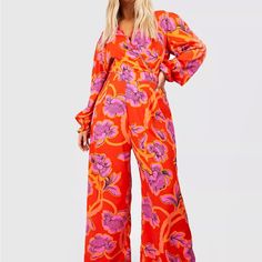 Spring/ Vacation Jumpsuit Pink Long Sleeve Jumpsuits And Rompers For Spring, Summer Pink Long-sleeve Jumpsuits And Rompers, Summer Long Sleeve Pink Jumpsuits And Rompers, Summer Pink Long Sleeve Jumpsuits And Rompers, Pink Printed Jumpsuits And Rompers For Party, Chic Pink Printed Jumpsuits And Rompers, Pink Long Sleeve Floral Jumpsuits And Rompers, Spring Orange Jumpsuits And Rompers For Loungewear, Spring Orange Jumpsuit For Loungewear