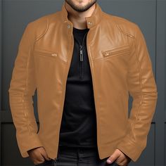 Season:Fall  Winter; Fabric:Polyester,Faux Leather; Sleeve Length:Long Sleeve; Gender:Men's; Style:Classic,Casual,Fashion; Occasion:Vacation,Daily,Going out; Outerwear Length:Regular; Placket:Zipper; Function:Windproof,Warm; Pattern:Plain; Design:Pocket; Neckline:Stand Collar; Outerwear Type:Faux Leather Jacket,Biker Jacket,Motorcycle Jacket,Red Leather Jacket; Listing Date:09/03/2024; Bust:; Length:; Shoulder Width:; Sleeve: Solid Color Long Sleeve Faux Leather Jacket, Solid Leather Jacket With Zipper And Long Sleeves, Solid Leather Jacket With Zipper Closure For Winter, Biker Style Solid Outerwear With Zipper Closure, Solid Biker Outerwear With Zipper Closure, Brown Faux Leather Biker Jacket For Winter, Winter Faux Leather Jacket With Zipper Closure, Biker Leather Jacket With Stand Collar For Fall, Biker Style Jacket For Fall