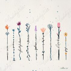 a watercolor painting of flowers with the words love written on them