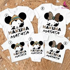 three shirts with minnie mouse ears and the names of each child's name on them