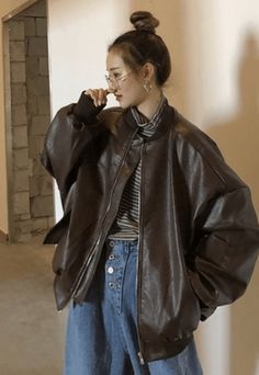 Oversized Jacket Outfit, Brown Leather Jacket Outfit, Moto Jacket Outfit, Women Leather Jacket