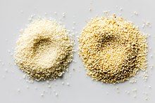 two different types of grains on a white surface with one being spilled over the top