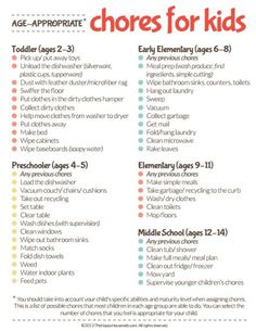 a poster with the words chores for kids written in red and green on it's side