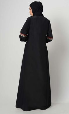 A perfect wardrobe piece for elegant style Simple and classy details A stylish abaya with front metal zipper An abaya with embroidered front yoke and sleeves Includes both side pockets Bishop Sleeves with cuff FABRIC: Kashibo Black Abaya With Dabka Work, Black Abaya With Resham Embroidery For Eid, Black Long Abaya With Resham Embroidery, Formal Black Abaya With Dabka, Stylish Abaya, Abaya Black, Dress Sleeve Length, Mens Items, Bishop Sleeve