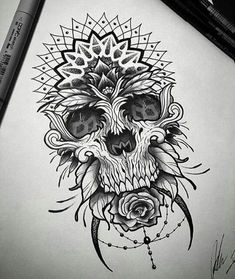 a drawing of a skull with flowers on it's head and an arrow in the middle