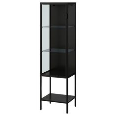 a tall black shelf with glass doors and shelves on the bottom, in front of a white background