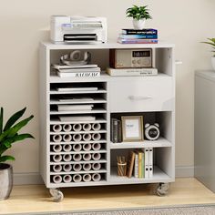 a white book shelf with various items on it and a potted plant next to it