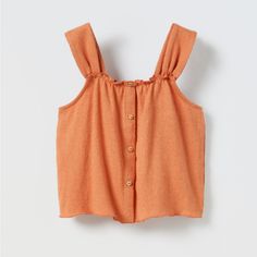 Zara Toddler Girl - Rustic Top Size 2-3 Years Straight Neck Top With Straps And Ruching Detail. Front Button Appliqu Terracotta Playful Orange Tops For Summer, Playful Orange Summer Tops, Playful Solid Color Tops For Playwear, Cute Cotton Tops With Buttons, Orange Summer Tops For Playwear, Casual Tops With Buttons For Playwear, Orange Summer Playwear Tops, Summer Buttoned Playwear Tops, Summer Playwear Tops With Buttons