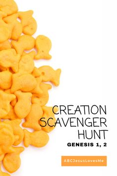 a pile of yellow animal shaped cookies sitting on top of a white table next to the words creation scavenger hunt