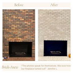 before and after photos of a brick fireplace