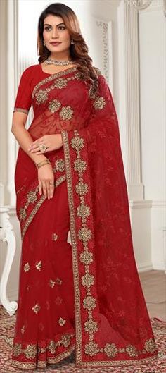 Red and Maroon color Saree in Net fabric with Embroidered, Resham, Stone, Thread, Zari work Red Embroidered Dupatta For Celebration, Red Traditional Wear With Intricate Embroidery For Celebration, Red Bollywood Embroidered Fabric With Self Design, Red Saree With Intricate Embroidery For Festivals, Red Embroidered Saree Fabric For Celebration, Red Self-design Embroidered Fabric For Diwali, Red Embroidered Saree Fabric With Self Design, Red Embroidered Fabric With Pallu For Reception, Red Saree With Zari Work For Reception