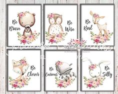 four nursery wall art prints featuring animals and flowers