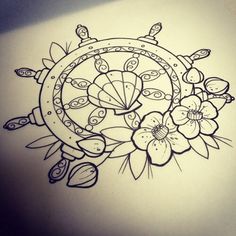 a drawing of a wheel with flowers on it