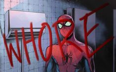 a spider - man standing in front of a mirror with the words who's that? written on it