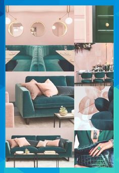 a collage of green couches and pink walls in a living room with gold accents