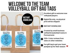 three bags with the words instant volleyball gift bag tags on them and instructions for how to use them