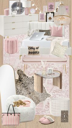 a collage of pink, white and gold bedroom decor with an animal print rug