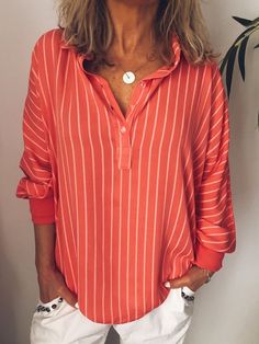 Casual Tops Long Sleeve Stripe Collared Shirts With Button Bat Shirt, Batwing Blouse, Elegante Casual, Casual Stripes, Loose Blouse, Plus Size Blouses, Casual Blouse, Striped Blouse, Sleeves Pattern