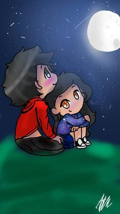 two people sitting on the ground under a full moon